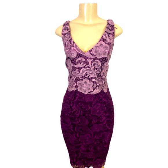 ADRIANNA PAPELL PURPLE & LAVENDER LACE SLEEVELESS VNECK MIDI DRESS SIZE 6 - Picture 3 of 7